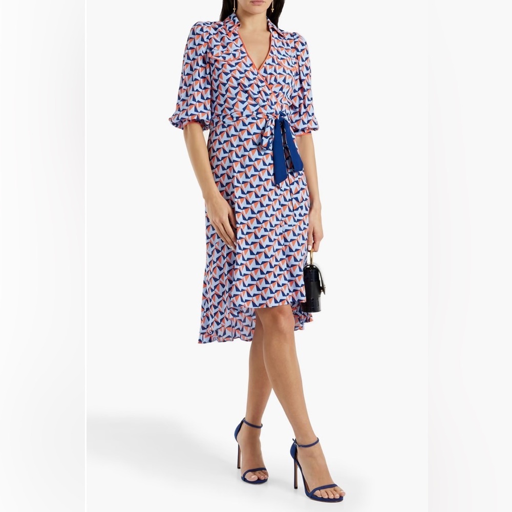 Diane Von Furstenburg Womens Ana Crepé Wrap Dress Sz 8 Geo Print 3/4 Sleeve